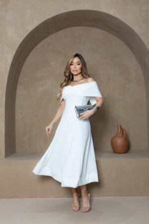 Vestido noiva midi ombro a ombro off white