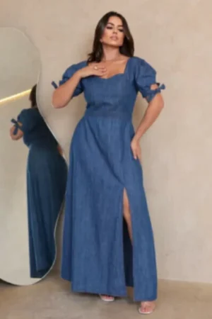 Vestido jeans longo fenda