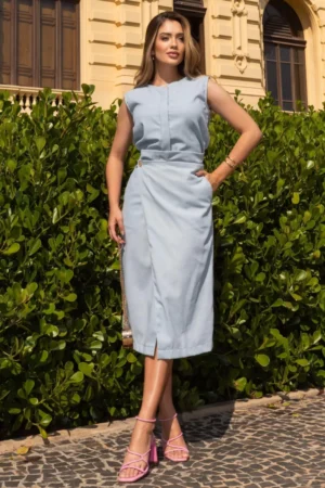 Conjunto saia e blusa sem manga com botão