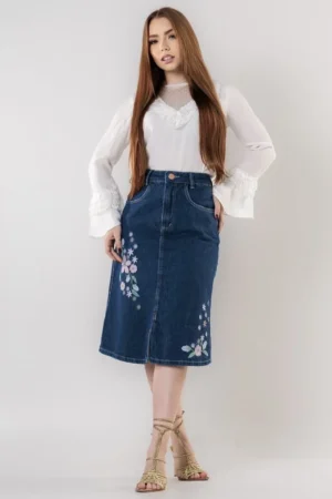 Saia jeans bordada