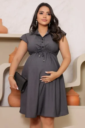 Vestido gestante curto com botões funcionais