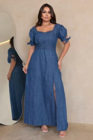 Vestido jeans longo fenda