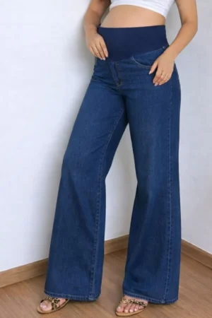 Calça jeans wide leg gestante