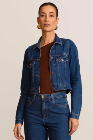 Jaqueta jeans cropped manga longa